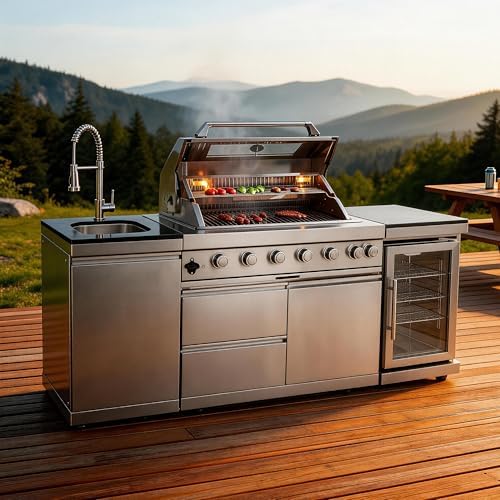 82 Inches 6-Burner 85000 BTU Natural Gas Outdoor Kitchen Island with Grill with Wine Cooler, Compact Refrigerator, Rotisserie, Granite Countertops & Storage, For Patio, Lawn, Backyard, Silver by Dvasovio