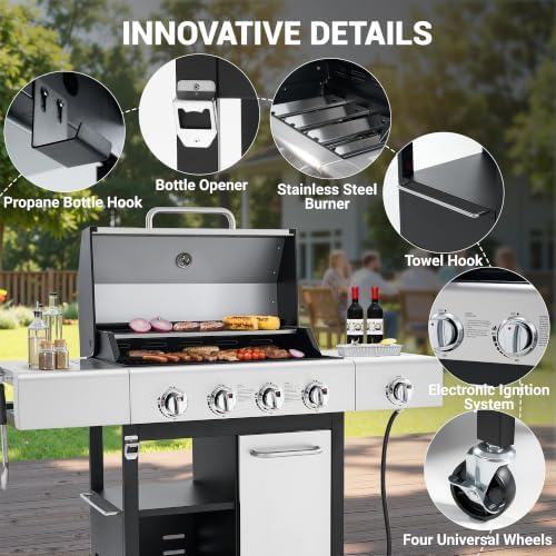 HUGROVE 4-Burner Propane Gas BBQ Grill with Side Burner(Silver 01) - Image 6