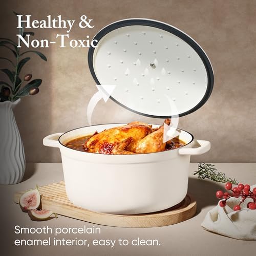 CAROTE Enameled Cast Iron Dutch Oven Pot with Lid, 4 QT Dutch Ovens, Heavy-Duty Cast Iron Pot for Sourdough Bread Baking, Braising, Stews, Roasting, Healthy & Non-Toxic, Dual Handles, All Stovetop Compatible, Oven Safe up to 500° F, Cream White - Image 4