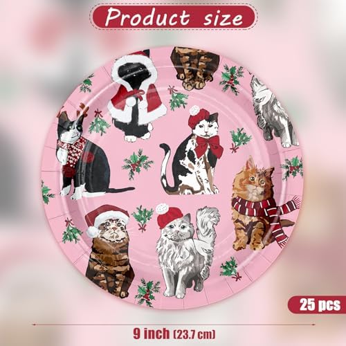 WRAPAHOLIC 25Pcs Christmas Paper Plates - 9 Inch Pink Mistletoe and Cat Disposable Plates Decorative Dinner Plates for Christmas Party Tableware Supplies Table Decor - Image 2