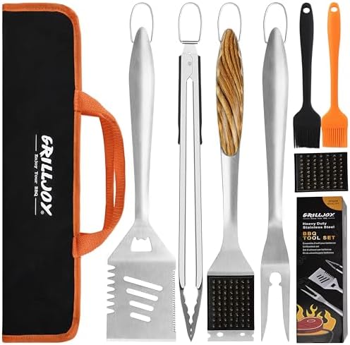 Grilljoy 8PCS BBQ Grill Tools Set with Extra Thick Stainless Steel Spatula, Fork, Tongs & Cleaning Brush - Complete Barbecue Accessories Kit with Portable Bag - Perfect Grill Gifts for Father's Day by grilljoy