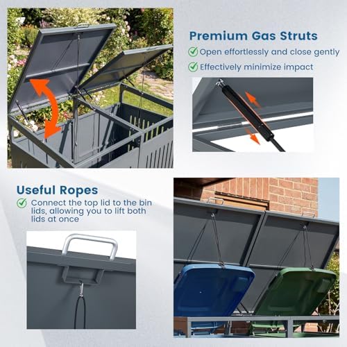 Goplus 44 Cu.Ft Outdoor Trash Can Storage, Garbage Can Hider Outdoor with 2 Lockable Doors Gas Struts & Shock Absorbers, Slant-roof Outdoor Storage for Patio, Backyards, Yard & Garden (52"x32"x49.5") - Image 4