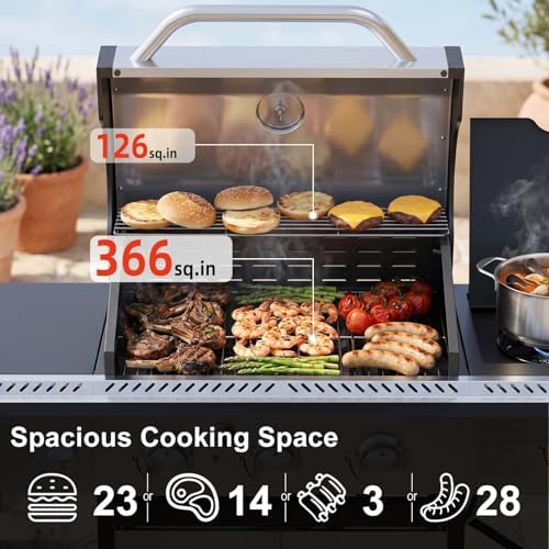 COWSAR 3 Burner Gas Grill, 34,000 BTU Stainless Steel BBQ Grill with Side Burner, Porcelain-Enameled Cast Iron Grates, Pull-Out Grease Tray for Patio, Backyard & Outdoor Cooking - Image 5