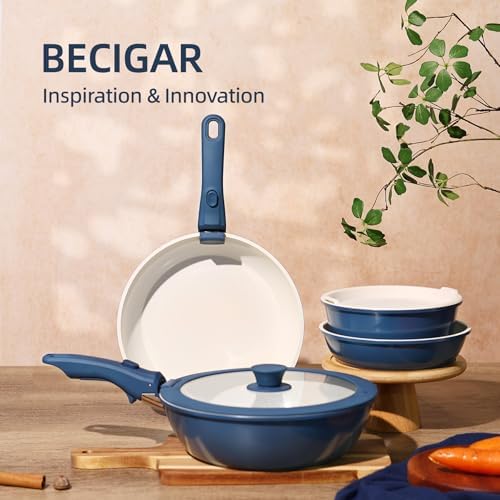 BECIGAR 23pcs Ceramic Pots and Pans Set, Nonstick Detachable Handle Cookware, Induction Kitchen Cooking Set, Include Frying Pans & Saucepans Oven Safe(Blue) - Image 5