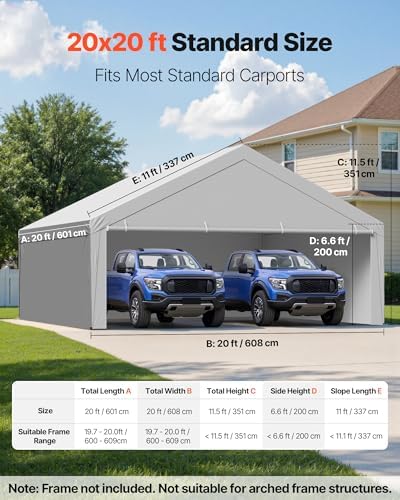 VEVOR Carport Replacement Canopy Cover, 20 x 20 ft Potable Garage Tent Top Tarp with Sidewalls, UV-Resistant & Waterproof, Heavy Duty Car Shelter Tarp with Ball Buggees, Grey, Frame Not Included - Image 2