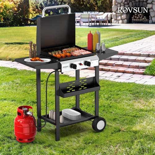 ROVSUN 2 Burner Portable Propane Griddle with Electronic Ignition, 20000 BTU Rolling Flat Top Gas Grill with Enameled Tray & Lid, Side Shelves & Regulator for Outdoor Cooking Camping BBQ Tailgating - Image 7