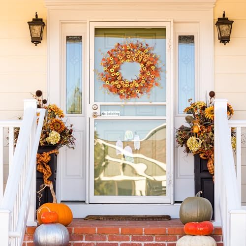 Sggvecsy Fall Wreath 24'' Autumn Harvest Daisy Wreath with Orange Eucalyptus Foam Leaves Grain Daisies Berries for Outside Indoor Home Wall Festival Thanksgiving Decor - Image 2