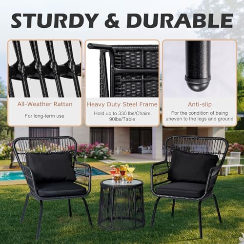 3 Piece Outdoor Wicker Furniture Bistro Set, Rattan Chairs Conversation Sets Wicker Patio Furniture for Balcony Poolside Backyard, Black/Black - Image 4