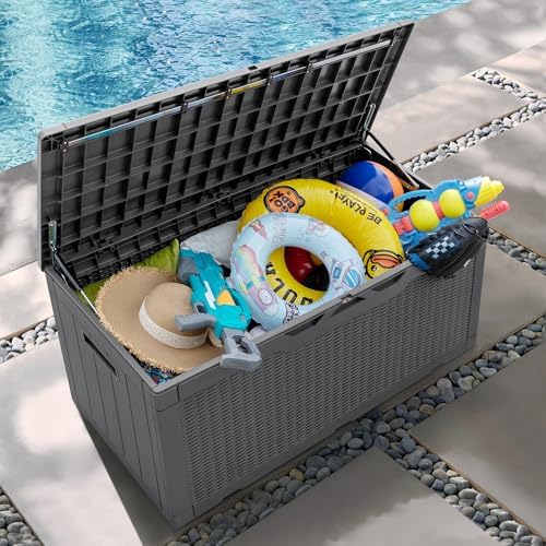 Greesum 100 Gallon Resin Patio Storage Box for Garden Tools, Gray - Image 5