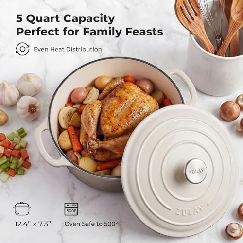 Zulay Kitchen 5 Quart Enameled Cast Iron Dutch Oven Pot with Lid – Premium Durability & Oven Safe up to 500°F – Heavy Duty Cookware Perfect for Bread Baking, Stews, Braising & Roasting – White - Image 6
