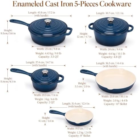 QuliMetal 5-Piece Navy Blue Enameled Cast Iron Cookware Set - Image 2