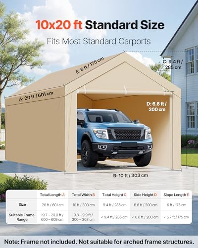 VEVOR Carport Replacement Canopy Cover, 10 x 20 ft Potable Garage Tent Top Tarp with Sidewalls, UV-Resistant & Waterproof, Heavy Duty Car Shelter Tarp with Ball Buggees, Beige, Frame Not Included - Image 2