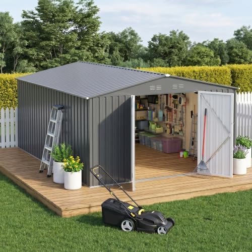 10 x 12 FT Outdoor Storage Shed, Heavy Duty Metal Shed with Lockable Double Door, Sloped Roof & Vents for Garden Backyard Lawn Dark Gray by Unknown