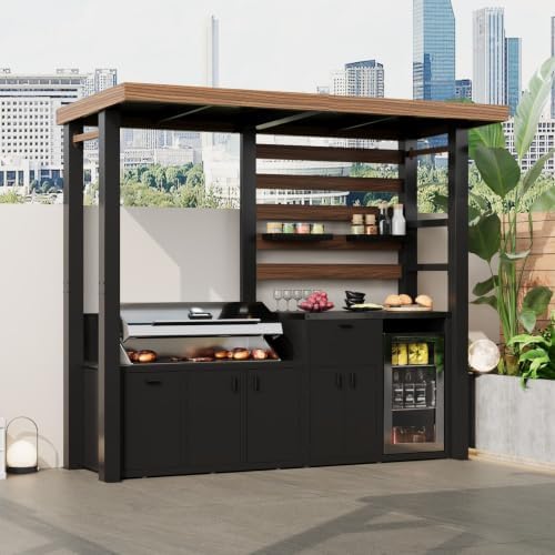 MOUMON 8.6Ft Outdoor Kitchen Grill Gazebo with Storage Cabinet, Red Brown by MOUMON