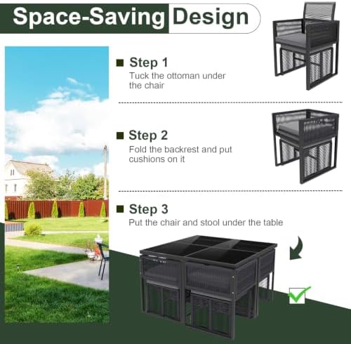 Tangkula 9 Pieces Patio Dining Set, Outdoor Space-Saving Furniture Set with PE Rattan Chairs, Tempered Glass Table and Ottomans, Outdoor Sectional Conversation Set with Cushions for Yard - Image 5