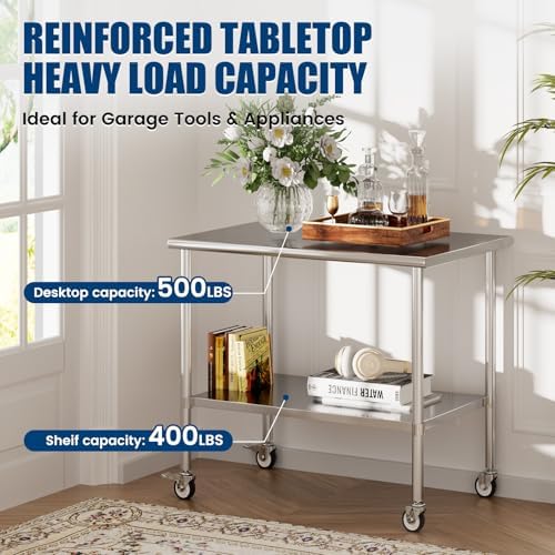 Stainless Steel Work Table with Wheels, 30x48 Inch NSF Kitchen Prep Table with Adjustable Undershelf for Commercial Restaurant, Garage, Outdoor BBQ - Image 2
