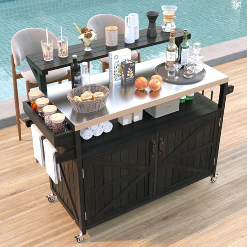 53.3" Outdoor Kitchen Island with Raised Shelf and Stainless Top, Black by JIJIWANG