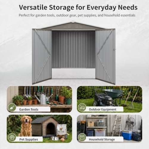 8X6 FT Outdoor Metal Storage Shed,Steel Panel Tool House,Grey - Image 3