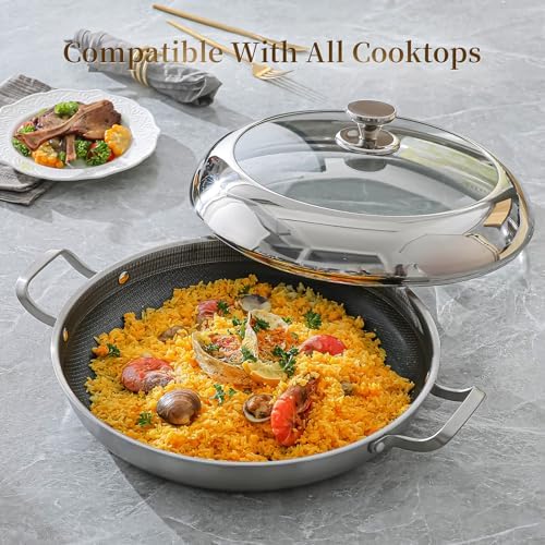 DELARLO Paella Pan With Lid 14 Inch Tri-Ply Large Stainless Steel Nonstick Frying Pan,Induction Skillets,Fast Heating Cookware,Indoors Outdoors,paelleras para 12 personas Jumbo Cooker - Image 5