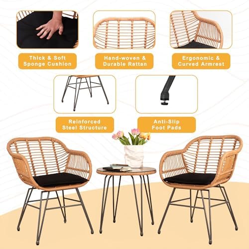 Tappio 3 Piece Outdoor Wicker Furniture Patio Bistro Set, Balcony Furniture Rattan Conversation Sets, Outdoor Patio Chairs Set for Porch Poolside Garden, Black - Image 2