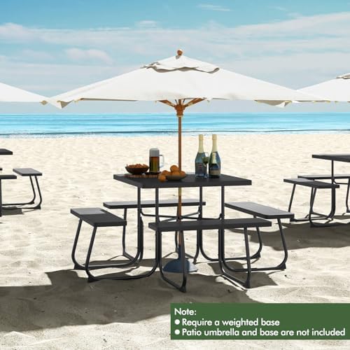 Moccha Picnic Table Bench Set - Outdoor Table and Chairs with Umbrella Hole, HDPE Tabletop & Metal Frame, 500LBS Capacity, Outdoor Camping Table for Garden Backyard Porch Patio Table Set (Black) - Image 3