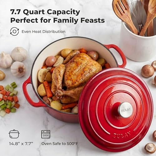 Zulay Kitchen 7.7 Quart Enameled Cast Iron Dutch Oven Pot with Lid – Premium Durability & Oven Safe up to 500°F – Heavy Duty Cookware Perfect for Bread Baking, Stews, Braising & Roasting – Ablaze Red - Image 6