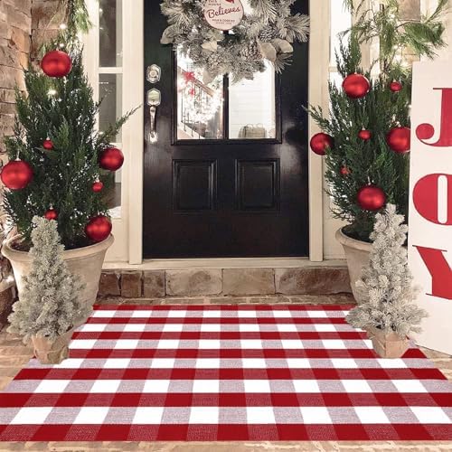 Christmas Red and White Plaid Rug, 4' x 6' Cotton Hand-Woven Layered Door Mat for Front Porch, Entryway, Outdoor Holiday Decor, Washable Buffalo Check Rug for Home, Patio, Kitchen by Homydecor