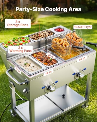 VEVOR Outdoor Propane Deep Fryer, 2 Burners (11,600 BTU Each), Commercial Fryer with Two 1/3 Size Food Warming Pans, Multi-Purpose Frying Cart with 4 Lockable Wheels, for Fried Chicken & Fries - Image 3