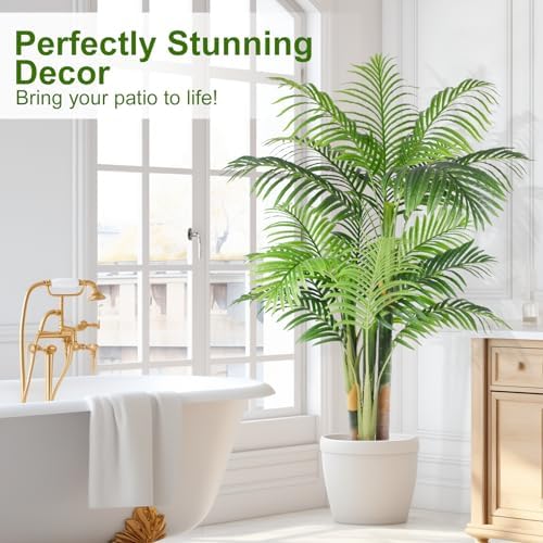 5ft Tall Triple Golden Cane Palm Artificial Tree Large Tropical Palm Tree UV Resistant Fake Plant in Pot for Indoor Outdoor Big House Living Room Outside Patio Office Home Decor 1Pack - Image 6