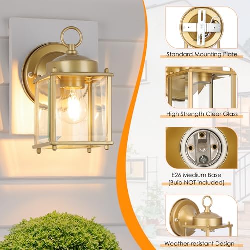 MATAMEYE Outdoor Wall Lantern, Exterior Waterproof Wall Sconce Light Fixtures, Gold Front Door Lighting with Clear Beveled Glass Shade, 2 Pack - Image 4