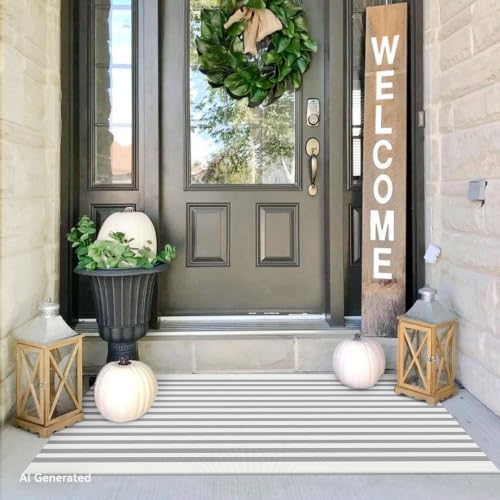IOHOUZE 2x4.3 Striped Outdoor Door Mat, Washable Porch Rug, Grey White by iOhouze