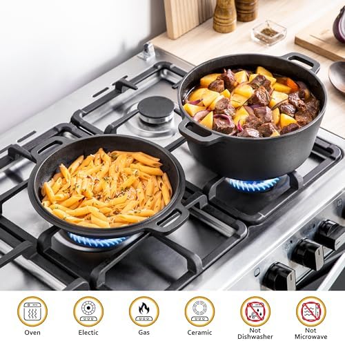 Velaze Cast Iron Dutch Oven with Skillet Lid, 2-in-1 Pre-Seasoned, 5QT - Image 6