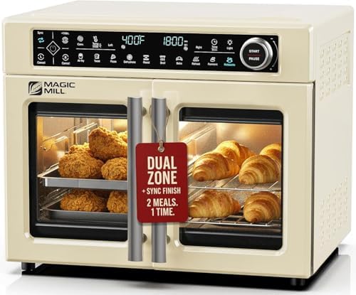 Magic Mill Ultra-Premium Dual-Zone Stainless Steel Air Fryer Toaster Oven Combo, Extra Large 32QT French Door Convection Oven with Next-Gen Patent Technology, 13 Accessories, Rotisserie, Sync Finish by magicmill