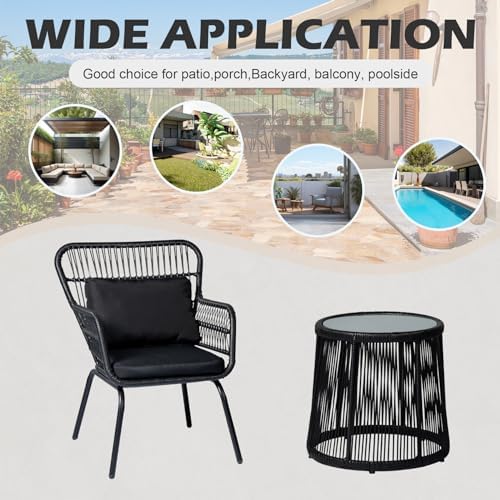3 Piece Outdoor Wicker Furniture Bistro Set, Rattan Chairs Conversation Sets Wicker Patio Furniture for Balcony Poolside Backyard, Black/Black - Image 6