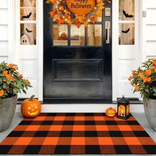 IOHOUZE Fall Buffalo Plaid Door Mat 27.5x43, Washable, Black Orange by iOhouze