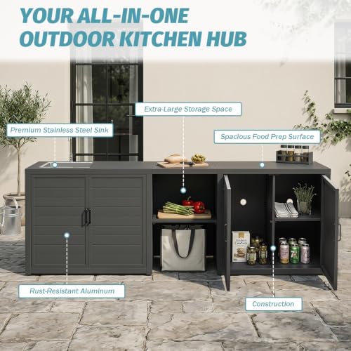 Domi Outdoor Kitchen Island with Sink, Aluminum Outdoor Kitchen Cabinet with Large Storage Space, Powder-Coated Weather Resistant Patio BBQ Prep Station with Drop-in Sink and Wide Countertop - Image 6