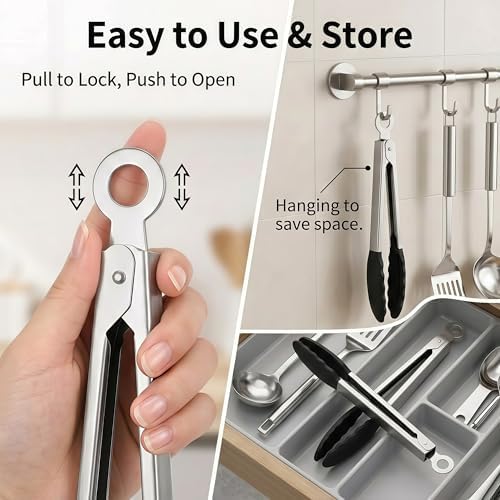 Grill Tongs,Mini Tongs with Silicone Tips,3Pcs bbq tongs 7-Inch Small Serving Tongs for Cooking, Stainless Steel Food small tongs with Locking Mechanism for Salad, Taco Bar, Appetizers & Buffet - Image 5