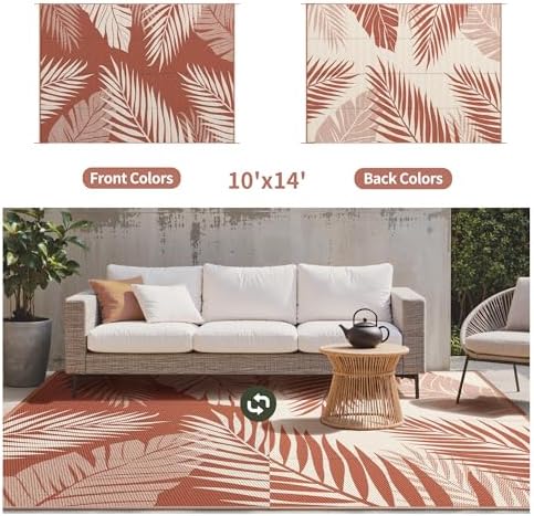 GENIMO Outdoor Rug, Waterproof Plastic Rugs 10'x14' for Camping Brick Red - Image 2