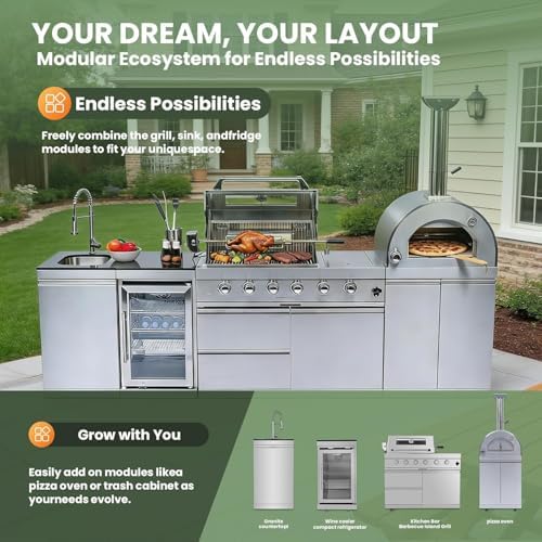112" Outdoor Kitchen Island,Stainless Steel Propane BBQ Grill with Standalone Side Burner Pizza Oven, Rotisserie, Refrigerator, Granite Countertop, Storage Cabinets & Drawers 108000 BTU. - Image 6