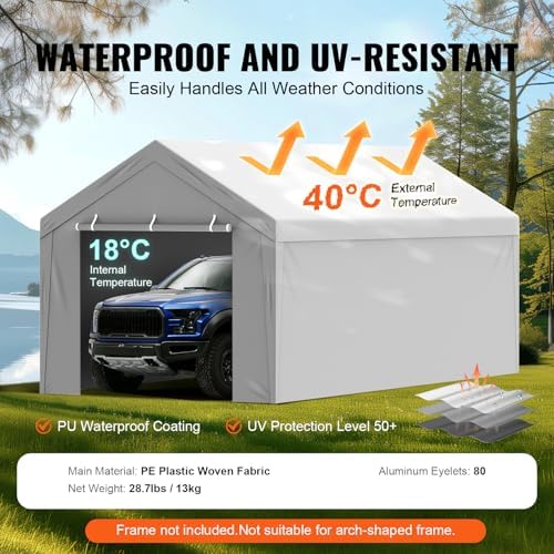 VEVOR Carport Replacement Canopy Cover Top + Side Wall 10 x 20 ft, Garage Tent Shelter Tarp Heavy-Duty Waterproof & UV Protected, Easy Installation with Ball Bungees,Grey (Frame Not Included) - Image 3