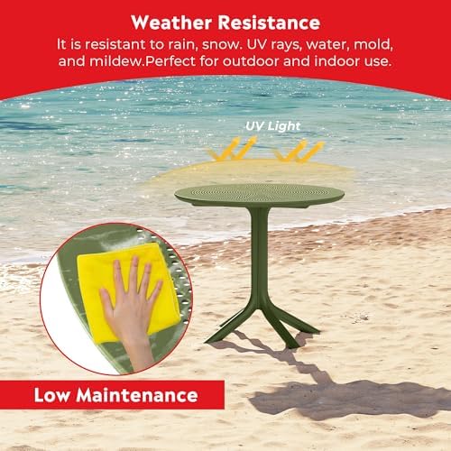 Costaelm Small Patio Table, Outdoor Round Dining Table, Weather Resistant Outside Table for Poolside Deck Lawn Garden Backyard, Olive Green - Image 4
