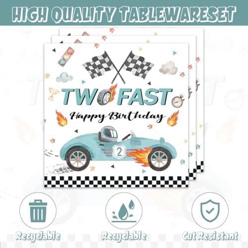 Egami 40pcs Two Fast Party Supplies,include 20 Dessert plate and 20 Napkin,Race Car Party Plate Napkin Set,Used for Two Fast Party Decoration - Image 4