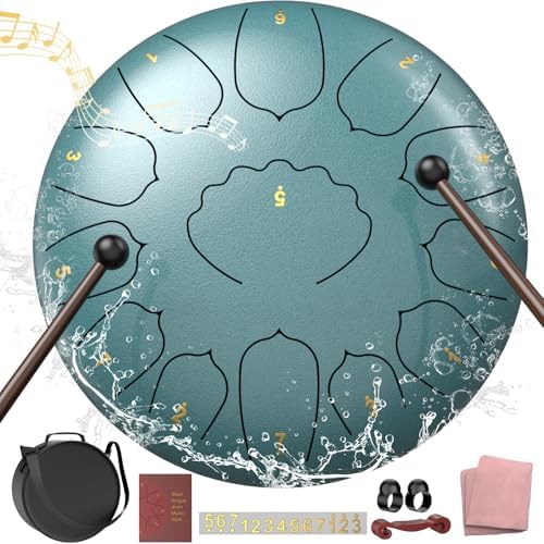 D Major Steel Tongue Drum Handpan, 12 Inch 13 Note Rain Drum for Garden Outside, Meditation Rain Chime, Musical Percussion Instrument for Adult Gift with Bag, Music Book, Drum Mallets (Moss Blue) by INNOWARMER