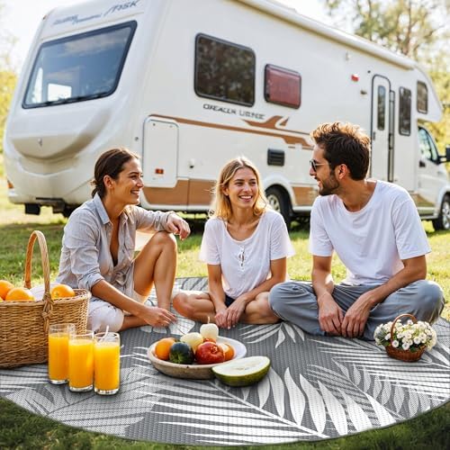 GENIMO Outdoor Rug, Waterproof Plastic Rugs for Patio, 10' Round Grey White - Image 4