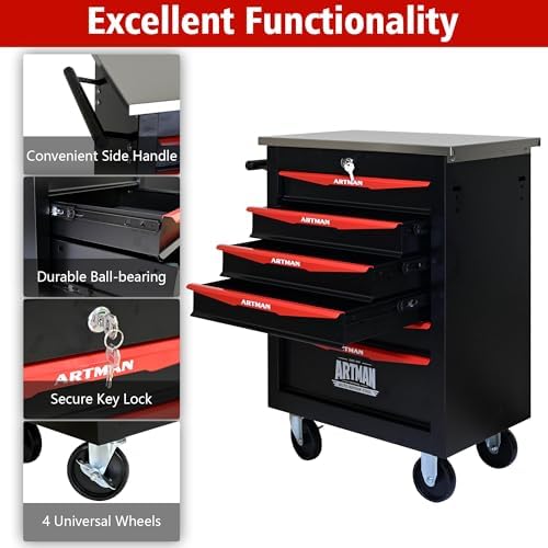 6-Drawer Heavy-Duty Rolling Steel Tool Cart with Handle&Wheels, Metal Storage Organizer Cabinet, Tool Chest for Efficient Tool Storage in Garage, Warehouse, Workshop, Repair Shop, Black&RED - Image 5