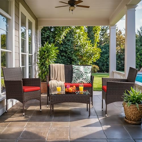 Homall 4 Pieces Patio Rattan Chair Wicker, Outdoor Indoor Use Backyard Porch Garden Poolside Balcony Furniture Sets (Red) - Image 4