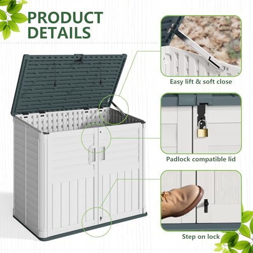 Greesum Outdoor Trash Can Storage Shed, 34 Cu.ft Horizontal Outdoor Storage Cabinet, Waterproof for Garden, Pool Storage, Garbage Cans, Beige - Image 6