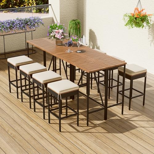 GO 10-Piece Outdoor Acacia Wood Bar Height Table And Eight Stools With Cushions, Garden PE Rattan Wicker Dining Table, Foldable Tabletop, High-Dining Bistro Set, All-Weather Patio Furniture, Brown by HarperBrightDesigns