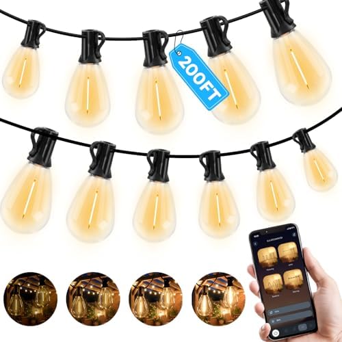 GvvooHome 200FT Outdoor String Light with S11 Plastic Bulbs, Low-Voltage LED Patio Light with App & Remote, Music Sync, 4 Lighting Modes, Dimmable & Waterproof for Backyard, Porch, Garden, Deck, Party by GvvooHome