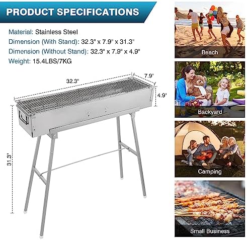 IRONWALLS Portable Charcoal Grills Outdoor with Stand 32"(L) x8"(W) x32"(H) - Image 3
